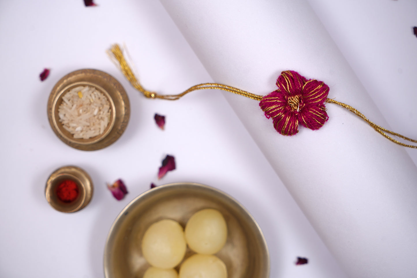 Pink Crochet Rakhi with Golden Thread