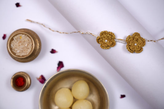 Double Flower Mustard Crochet Pearl Rakhi