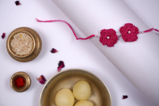 Double Flower Pink Crochet Pearl Rakhi