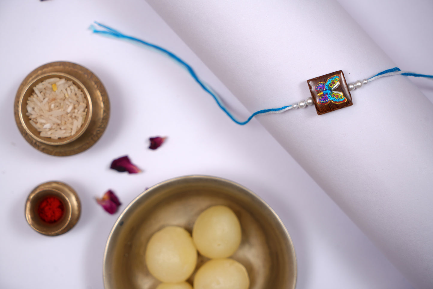 Multicolour Blue Wooden Butterfly Rakhi