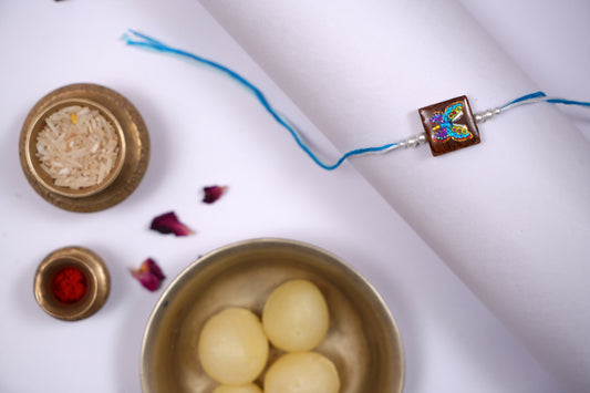 Multicolour Blue Wooden Butterfly Rakhi