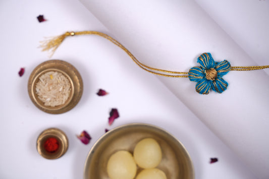Blue Crochet Rakhi with Golden Blue Thread
