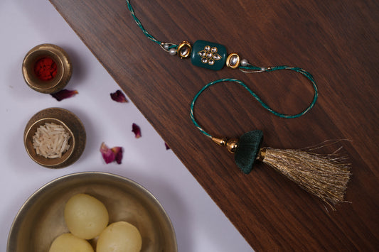 Tassel Kundan Studded Green Stone Rakhi
