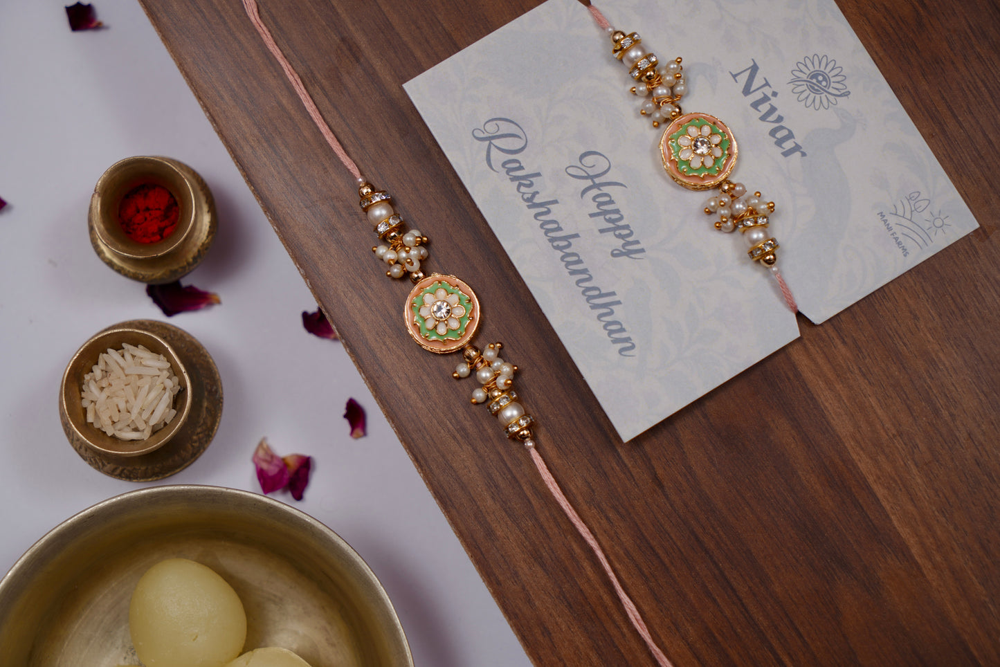 Peach Pearl Meenakari Kundan Rakhi