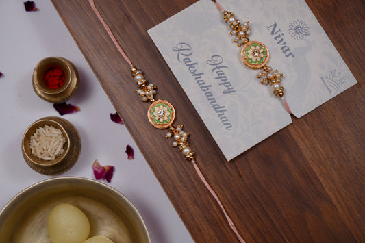 Peach Pearl Meenakari Kundan Rakhi