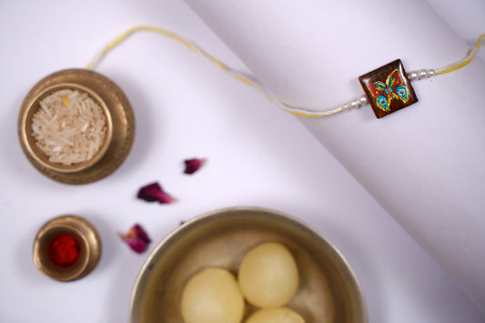 Multicolour Yellow Wooden Butterfly Rakhi